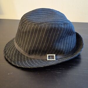 Black Pinstripe Fedora with Rhinestone Buckle